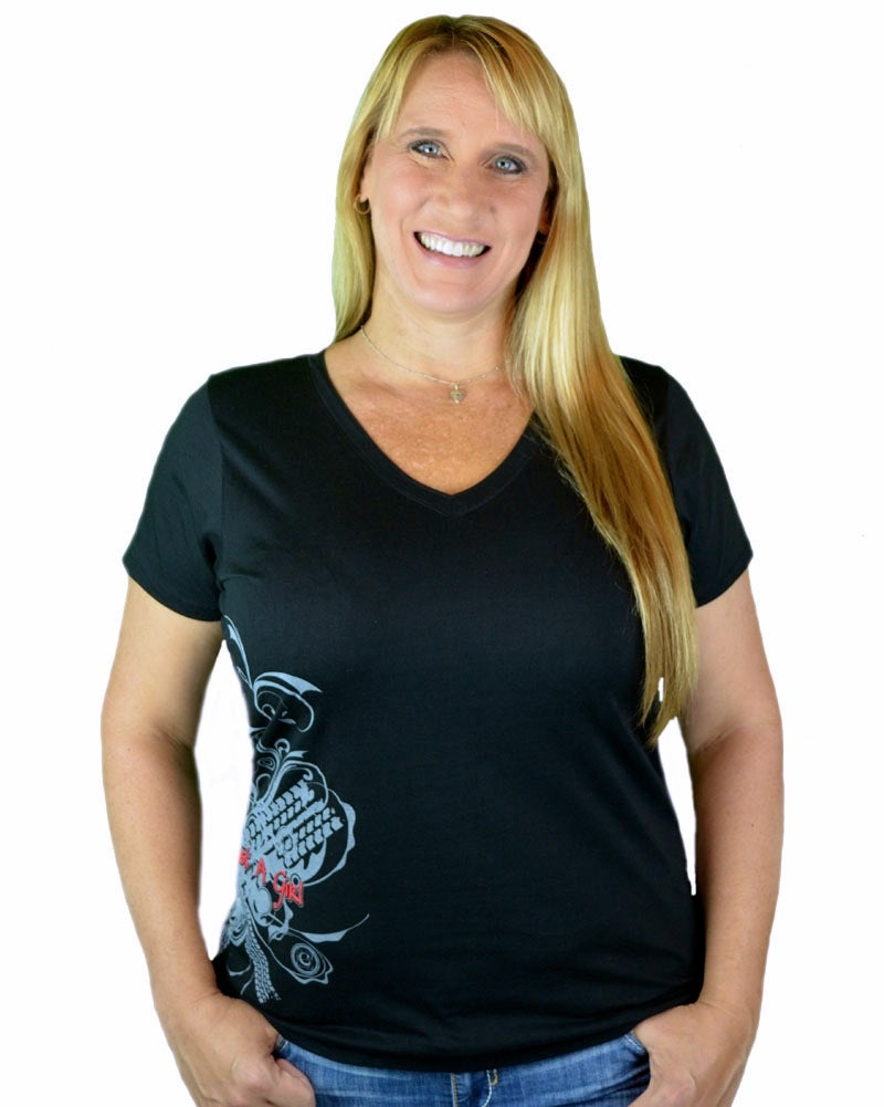 I'm Not Just a Girl Pink Tire Tread Black Vneck Shirt