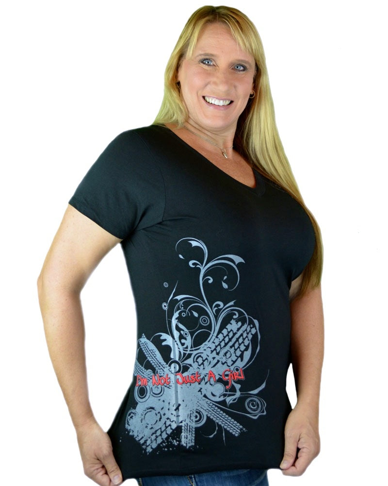 I'm Not Just a Girl Pink Tire Tread Black Vneck Shirt